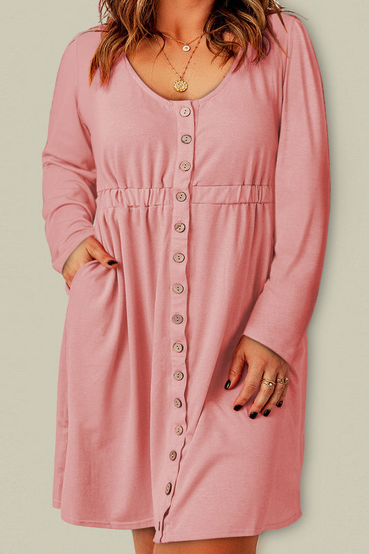 Solid Button Front Plus Size Long Sleeve Dress