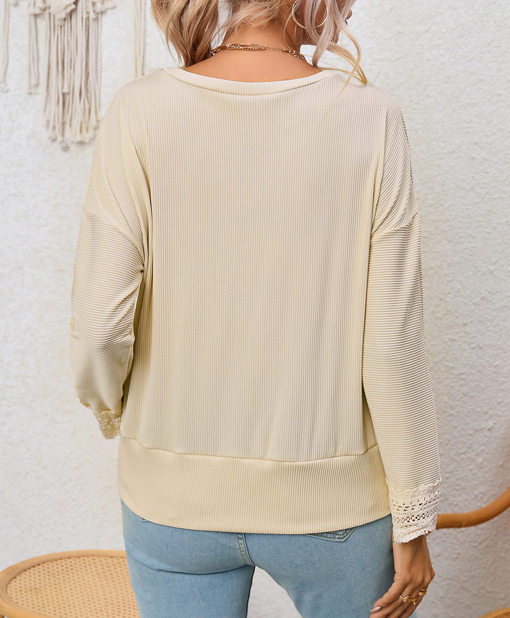 Ribbed Texture Lace Trim V Neck Long Sleeve Top