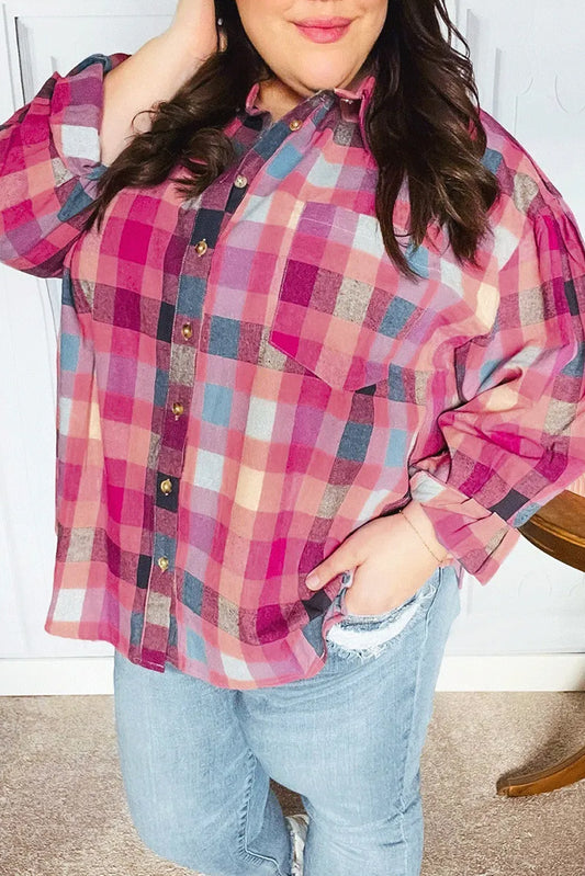 Stripe Plus Size Checkered Print Button up Shirt