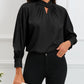 Keyhole Pleated Mock Neck Bishop Sleeve Blouse