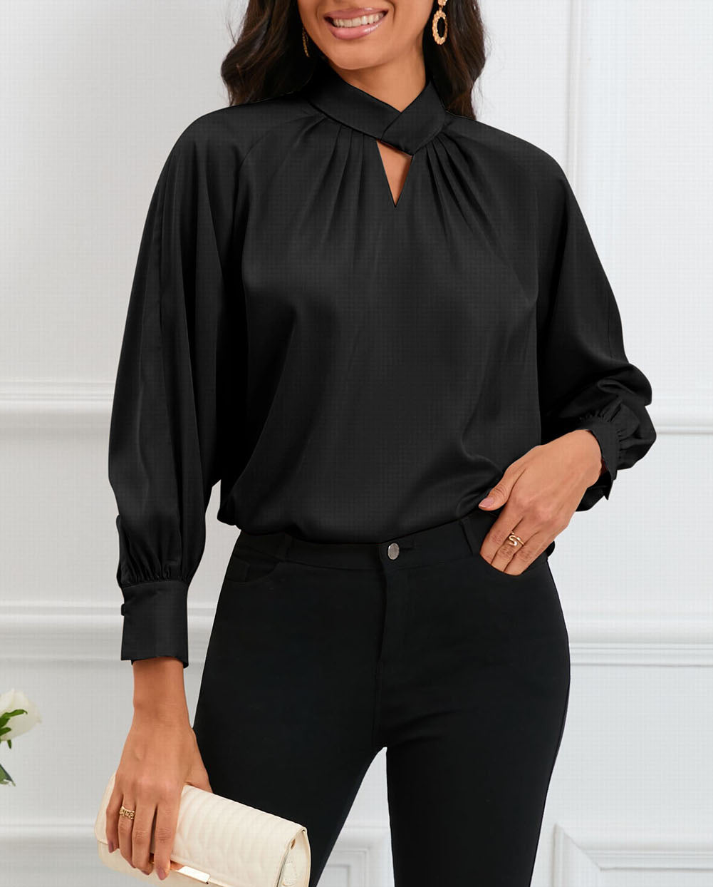 Keyhole Pleated Mock Neck Bishop Sleeve Blouse