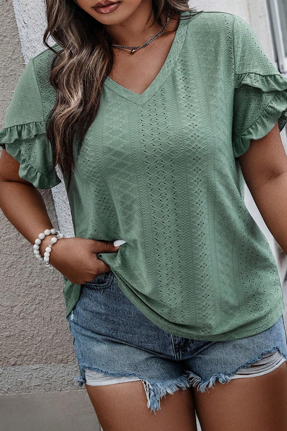 Petal Sleeve Jacquard V Neck Curvy Blouse