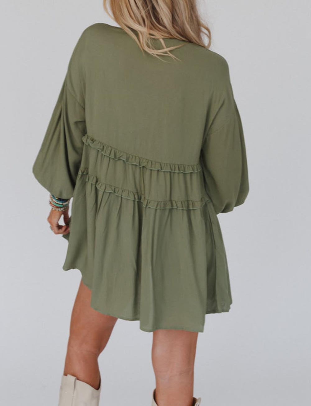 V Neck Puff Sleeve Frill Tiered Mini Dress