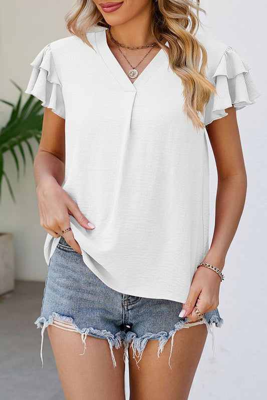 V Neck Ruffle Short Sleeve Blouse