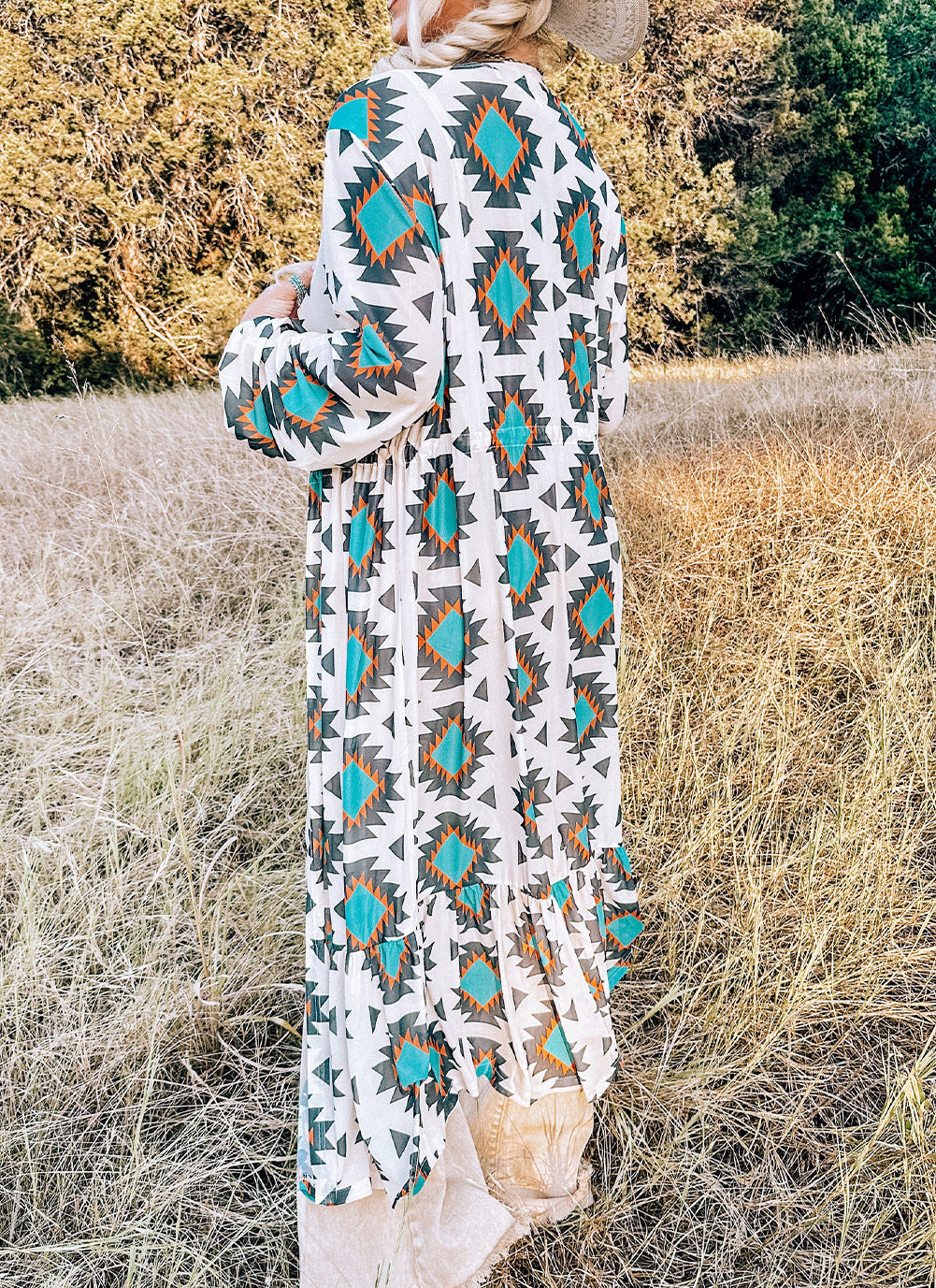 Western Aztec Print Duster Open Front Top