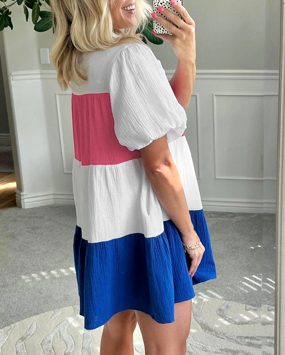 Crinckle Colorblock Puff Sleeve Buttons Babydoll Dress