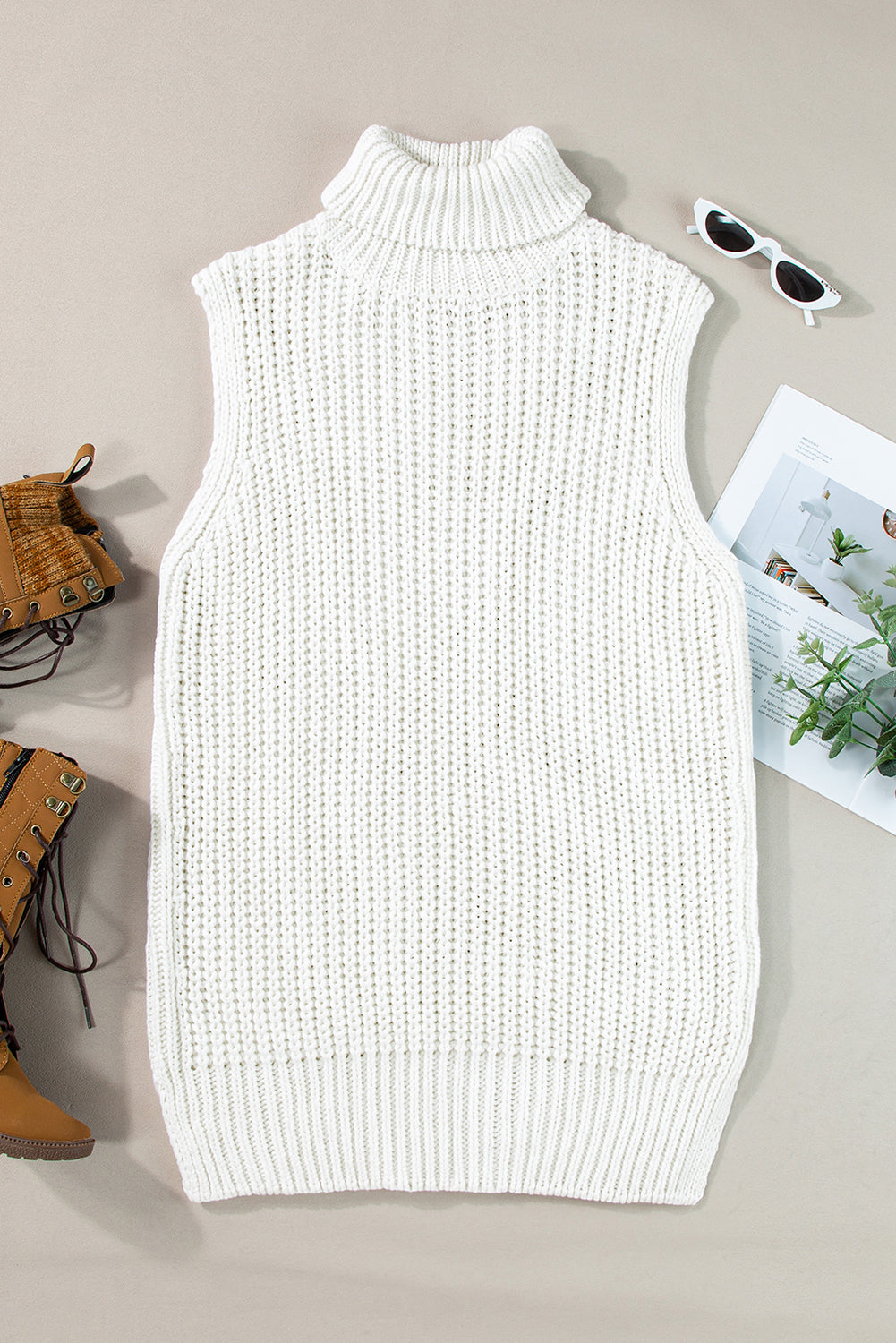 Turtleneck Knitted Slit Hem Sweater Vest