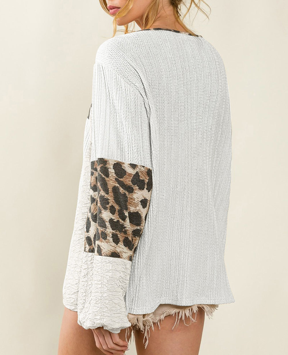 Leopard Patch Puff Sleeve Textured Blouse