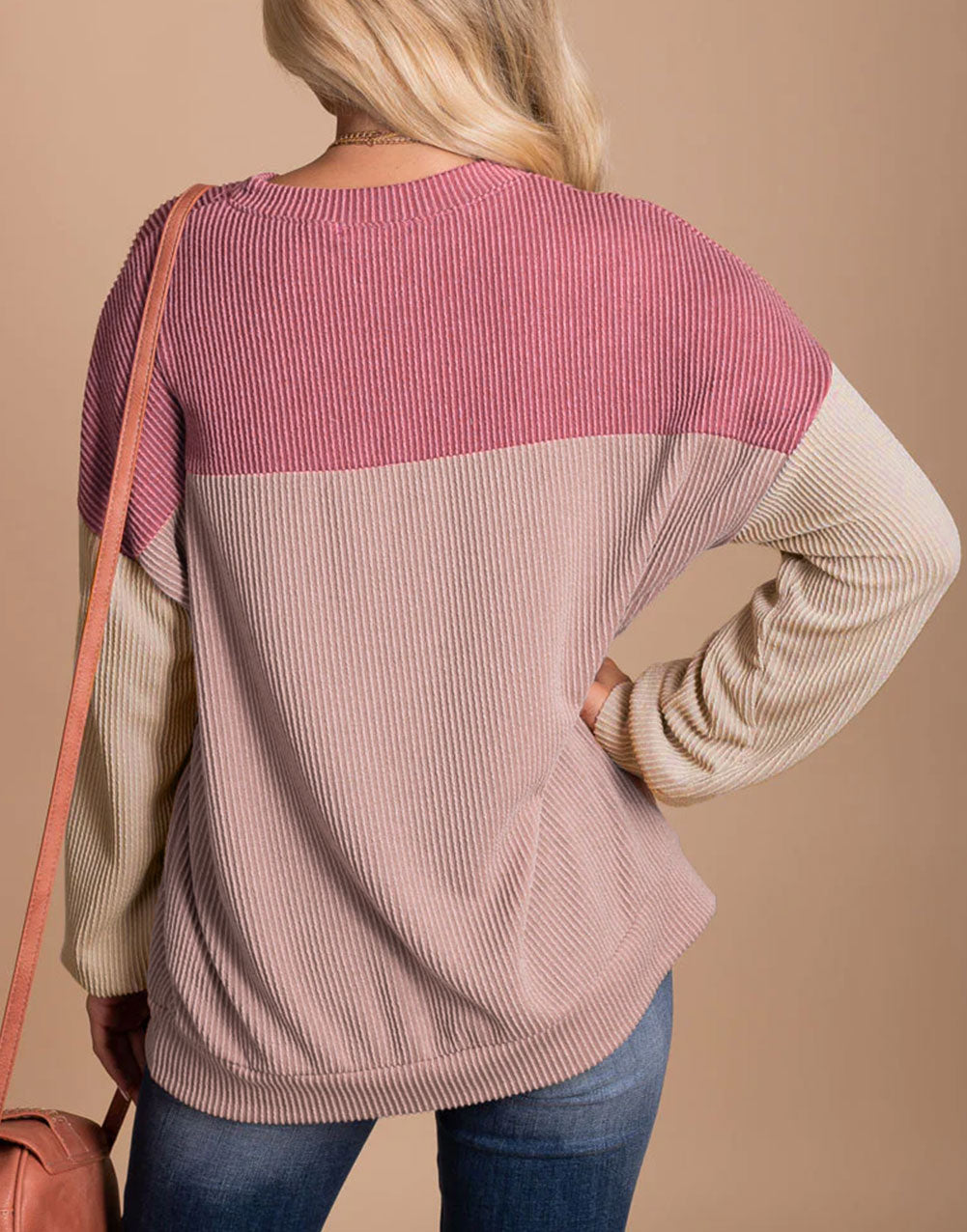 Color Block Long Sleeve Ribbed Loose Top