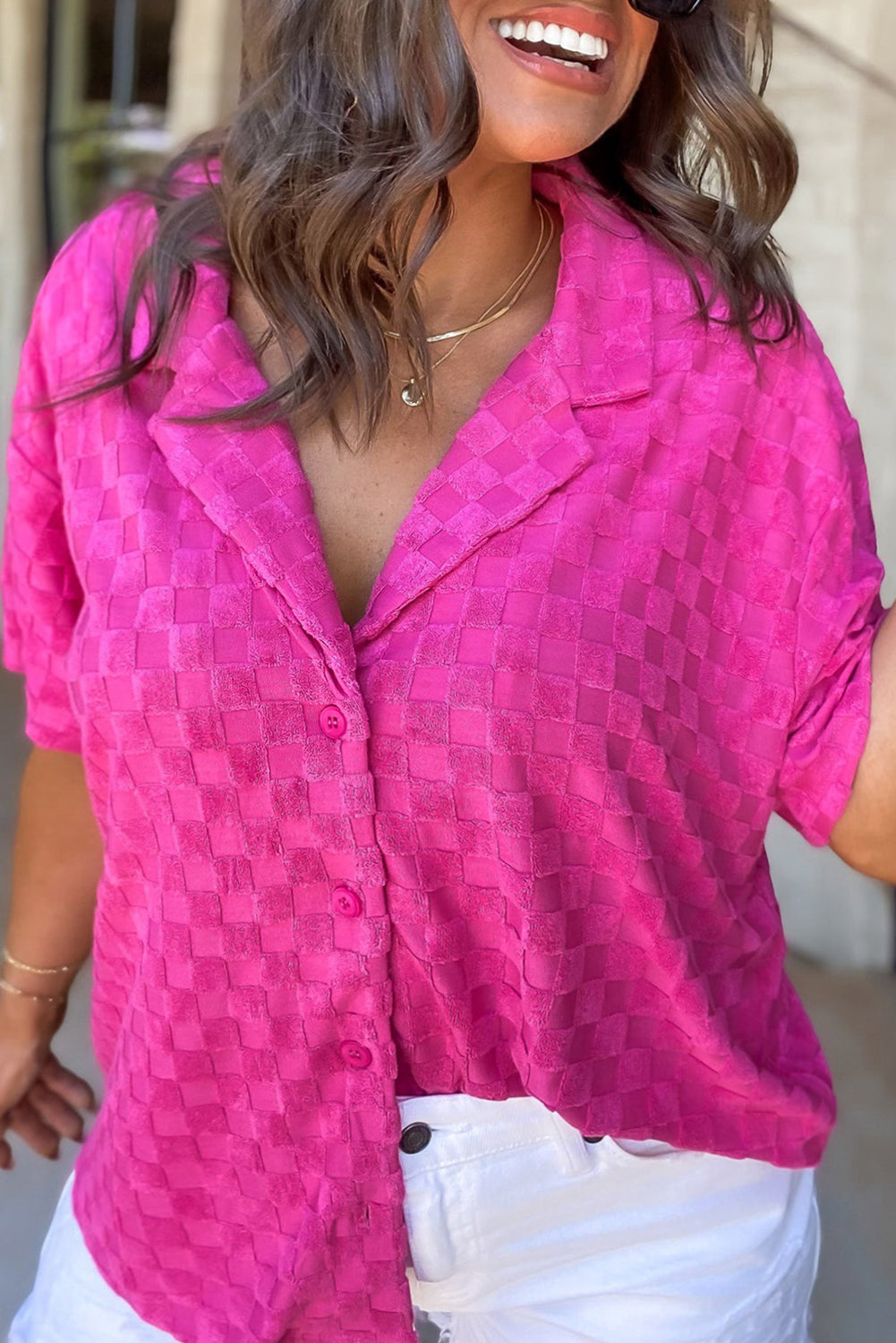 Checkered Textured Short Sleeve Plus Shirt