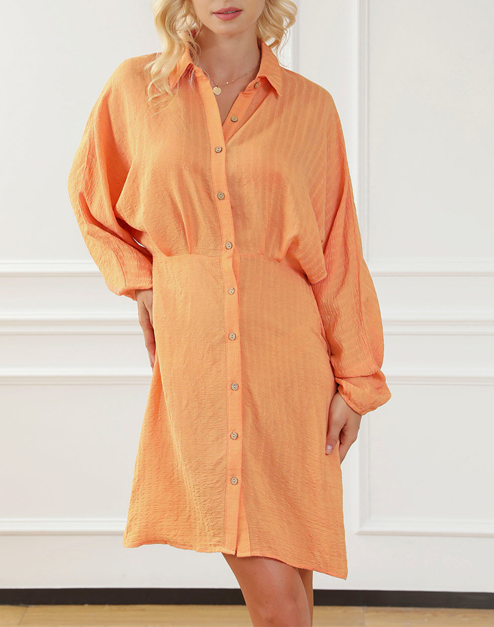 Textured Button Front Cinched Waist Mini Dress