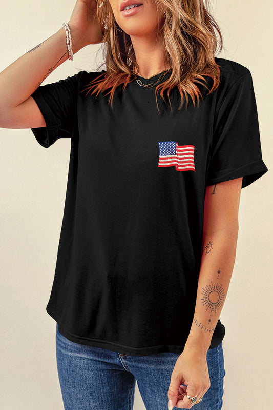 American Flag Embroidered Round Neck T Shirt