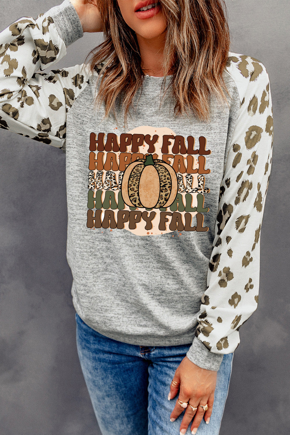 Happy Fall Leopard Splicing Long Sleeve Top