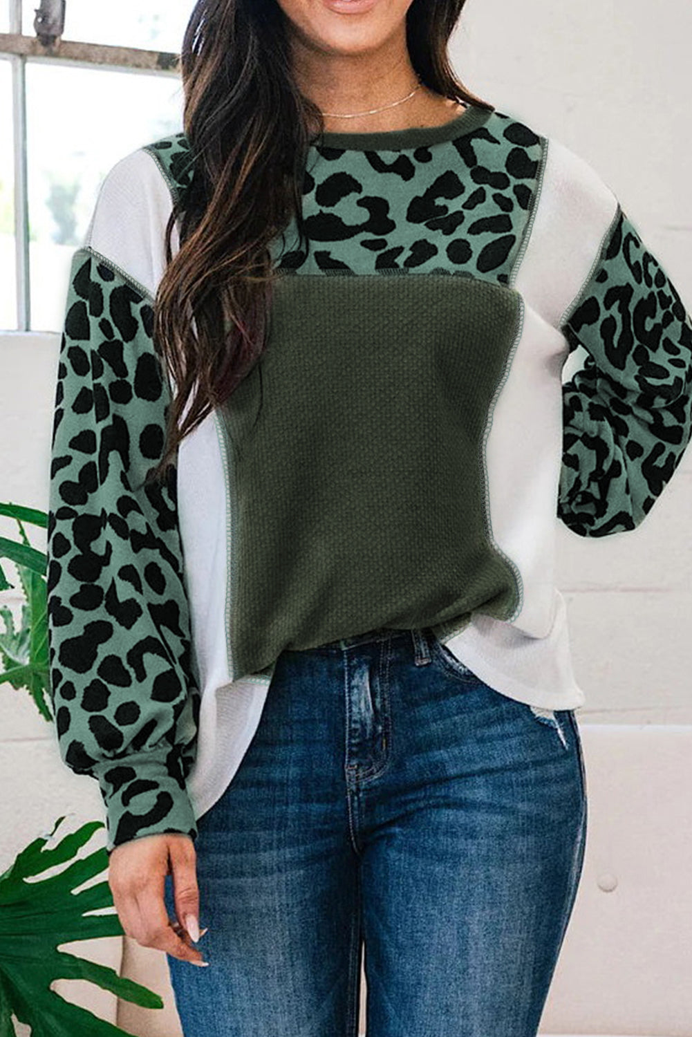 Leopard Colorblock Patchwork Knit Top