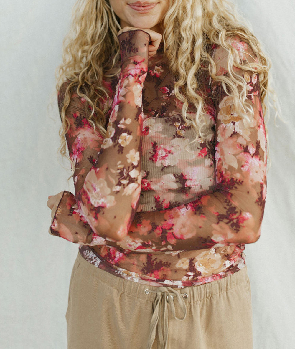 Floral Print Sheer Mesh Long Sleeve Top