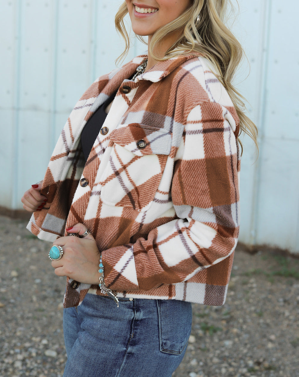 Honeycomb Plaid Flap Pockets Shacket
