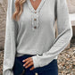 Frilly Notched Neck Button Detail Long Sleeve Top
