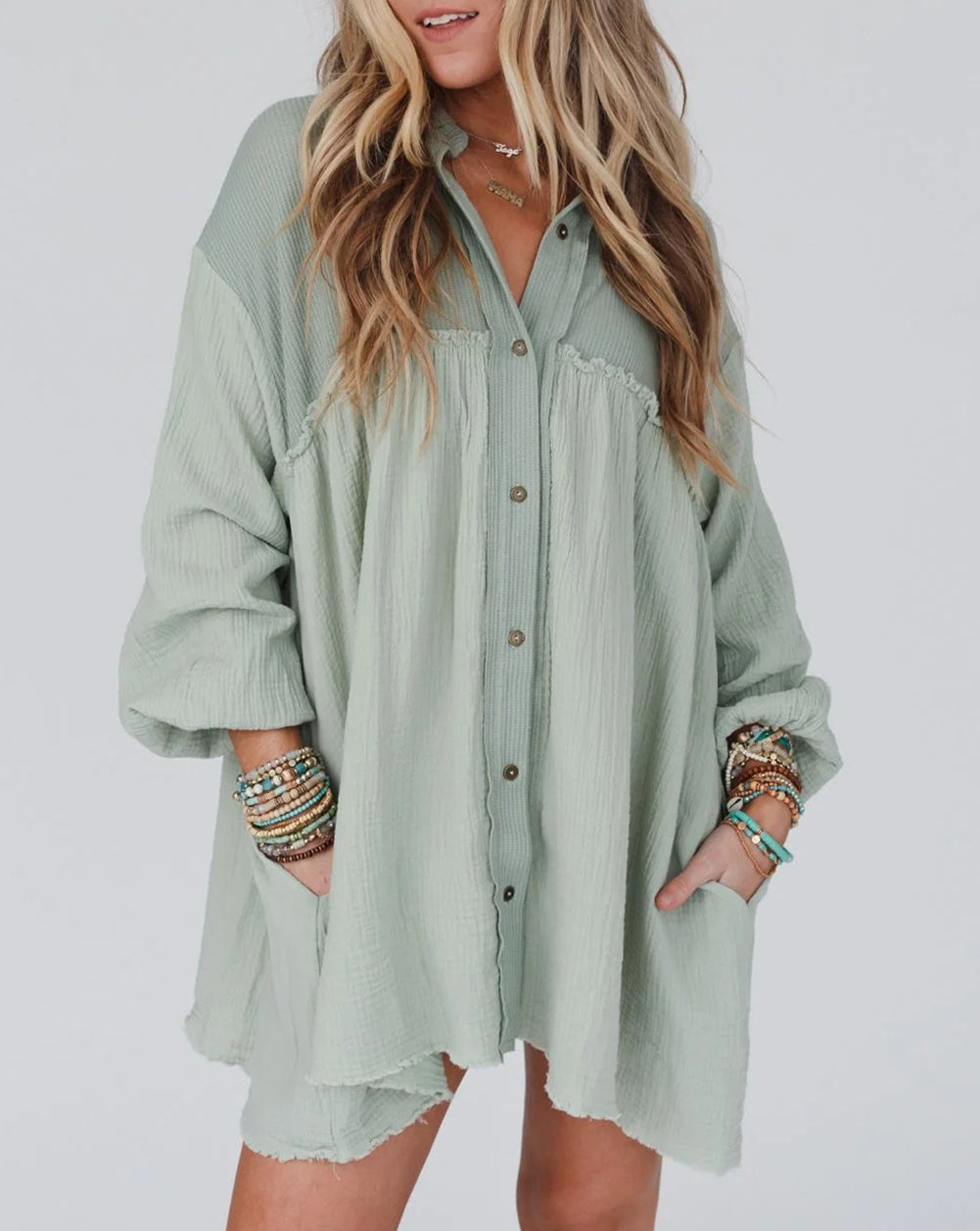 Patchwork Crinkle Puff Sleeve Shirt Dress