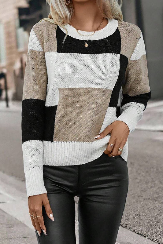 Plaid Patchwork Long Sleeve Knitted Sweater