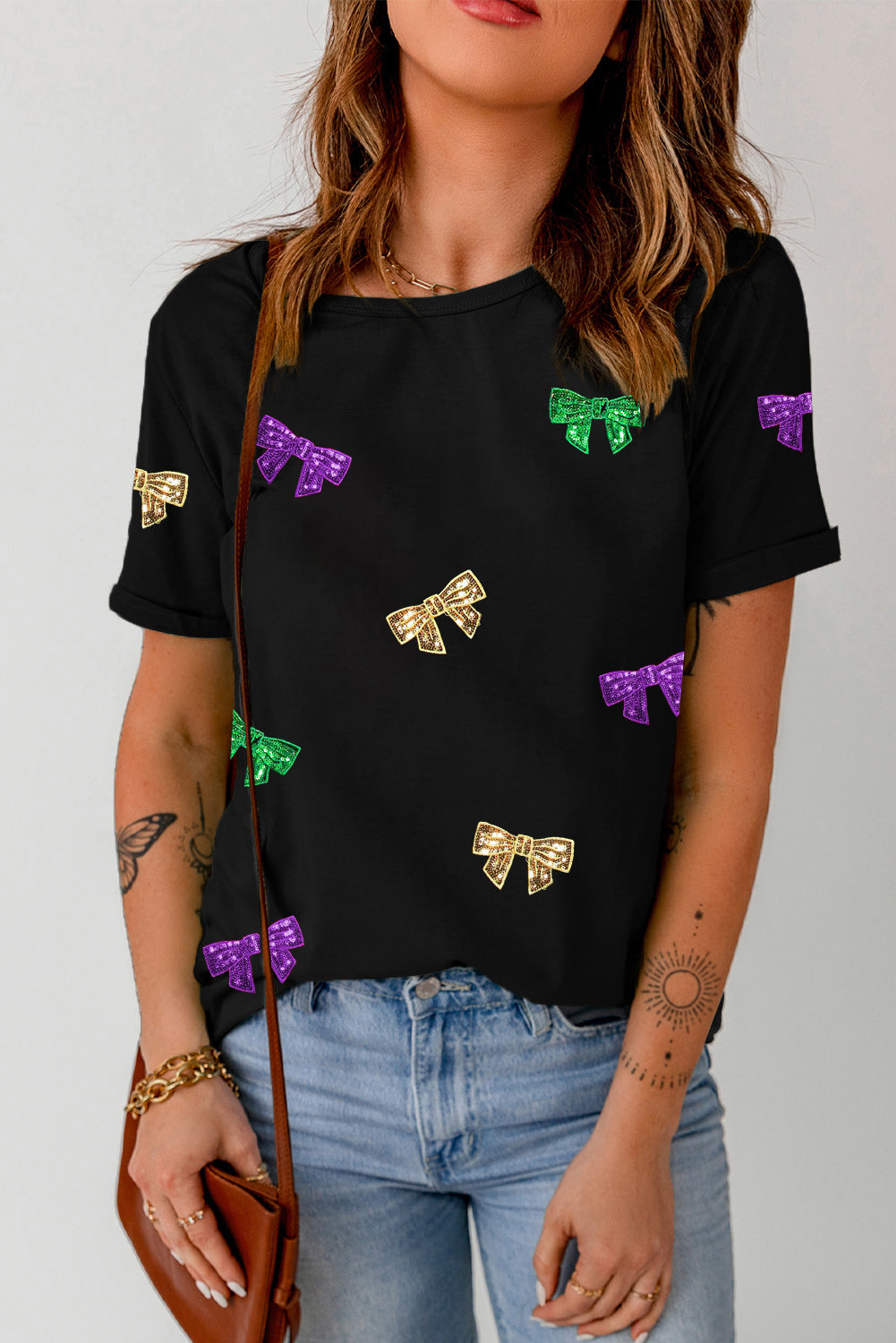 Mardi Gras Sequin Bow Knot Crew Neck T Shirt