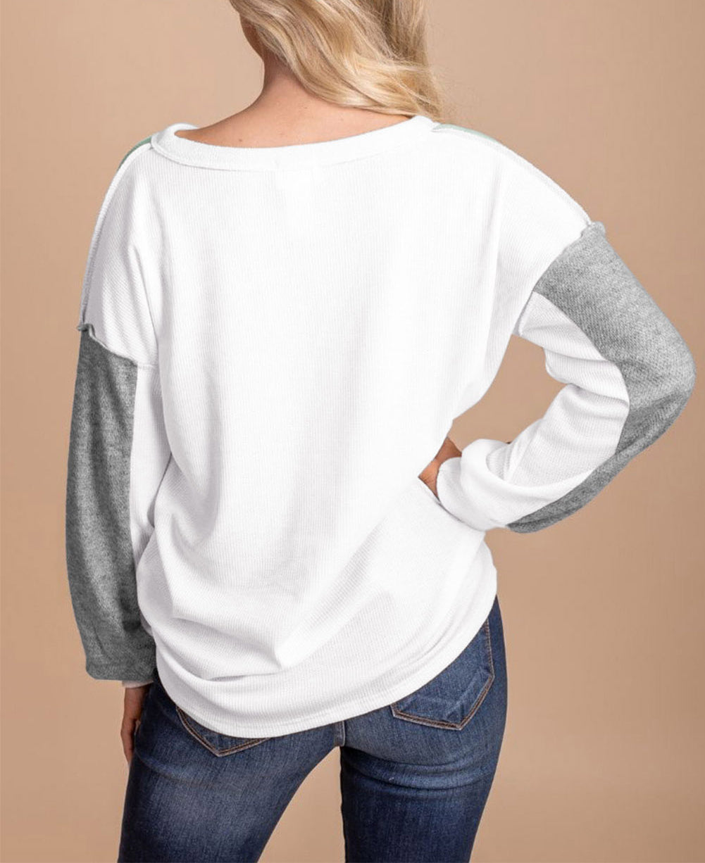 Button Decor Exposed Seam Color Block Top