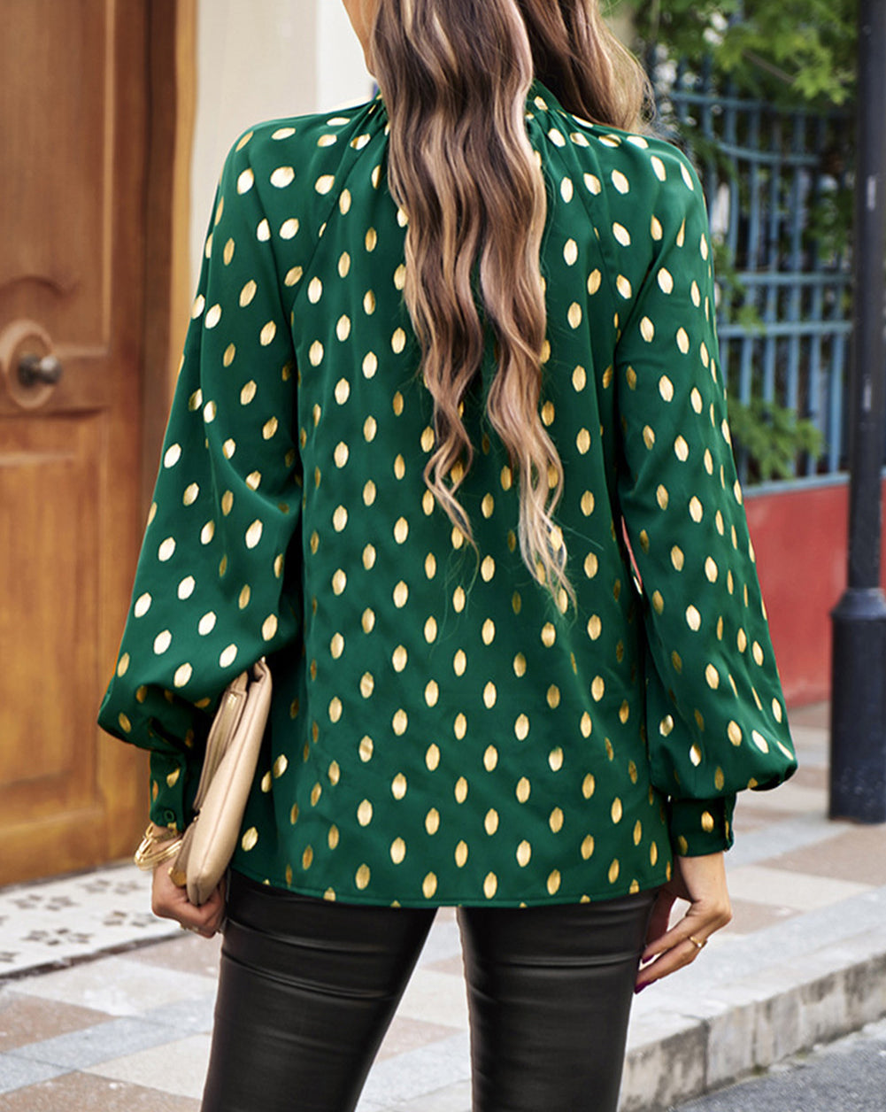 Twisted Mock Neck Cut out Dotted Bishop Sleeve Blouse