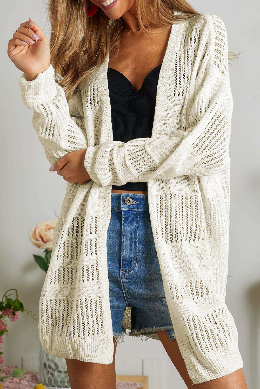 Solid Color Lightweight Open Knit Tunic Cardigan