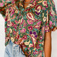 V Neck Short Bubble Sleeve Paisley Blouse