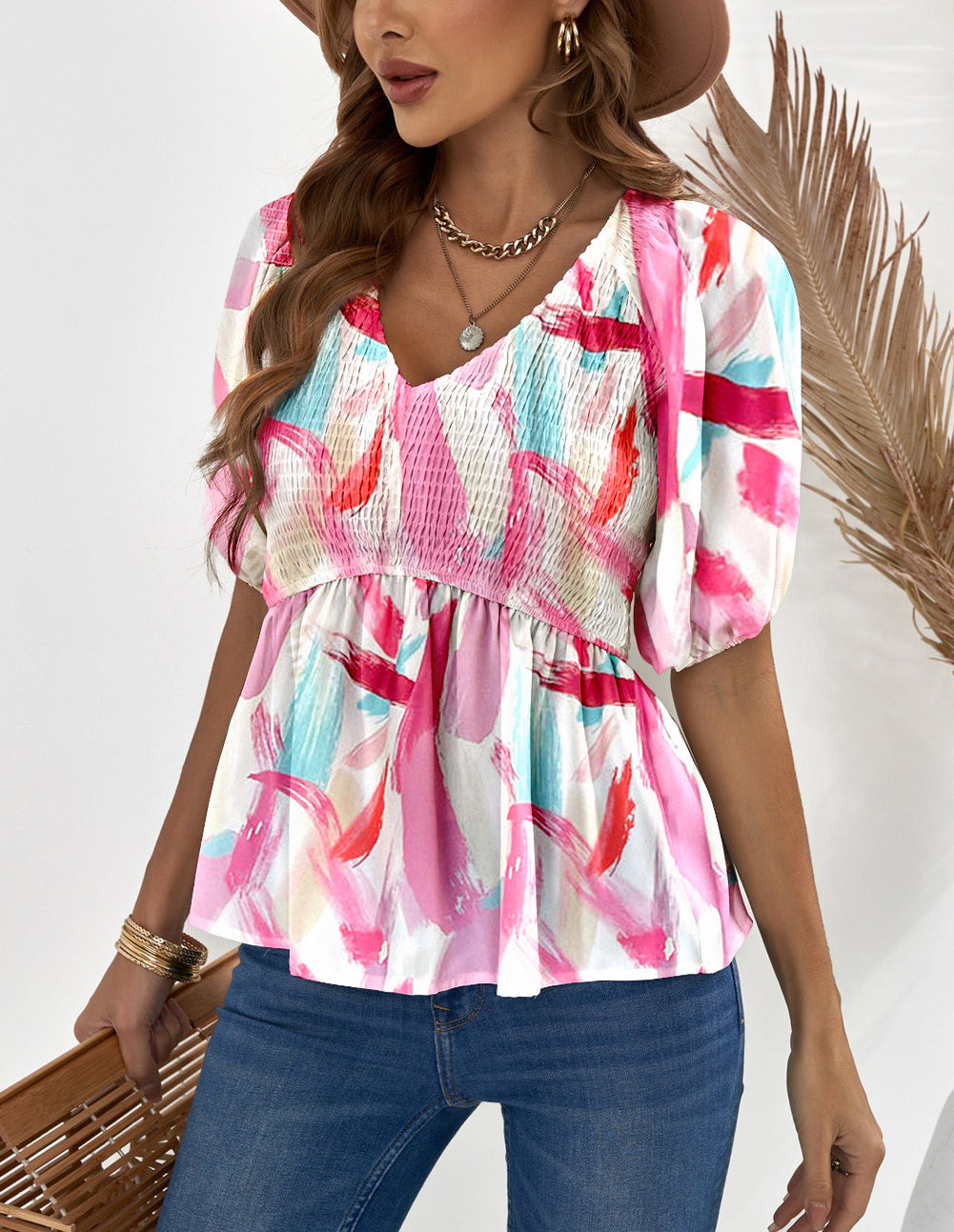 Abstract Print Puff Sleeve Peplum Top