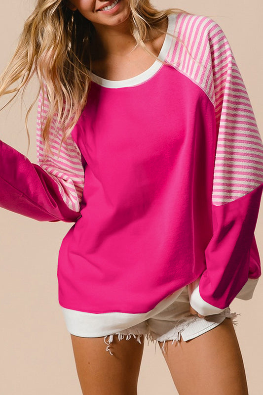 Striped Patchwork Crew Neck Raglan Sleeve Top