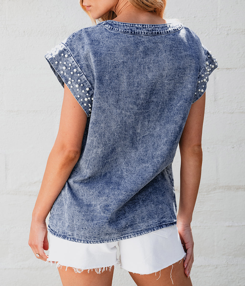 Acid Wash Pearl Embellishments O-neck Denim Top