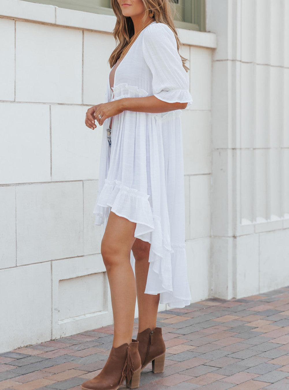 Half Sleeve Ruffled High Low Kimono