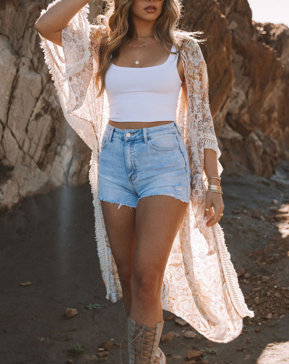 Beige Tassel Trim Split Sleeve Boho Print Kimono