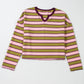 Clashing Stripes Waffle Texture Notched Neck Long Sleeve Top