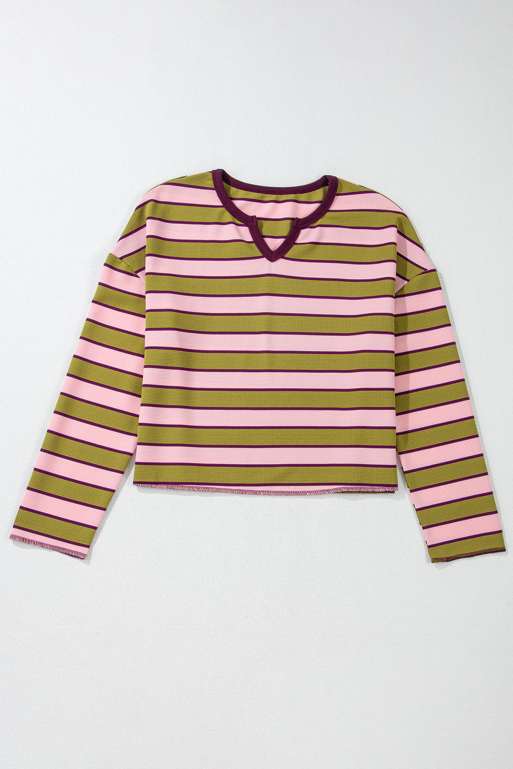 Clashing Stripes Waffle Texture Notched Neck Long Sleeve Top