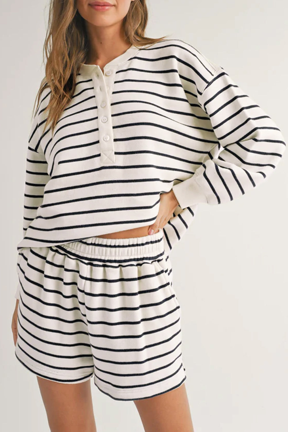 Stripes Printed Half Button Long Sleeve Top and Shorts Set