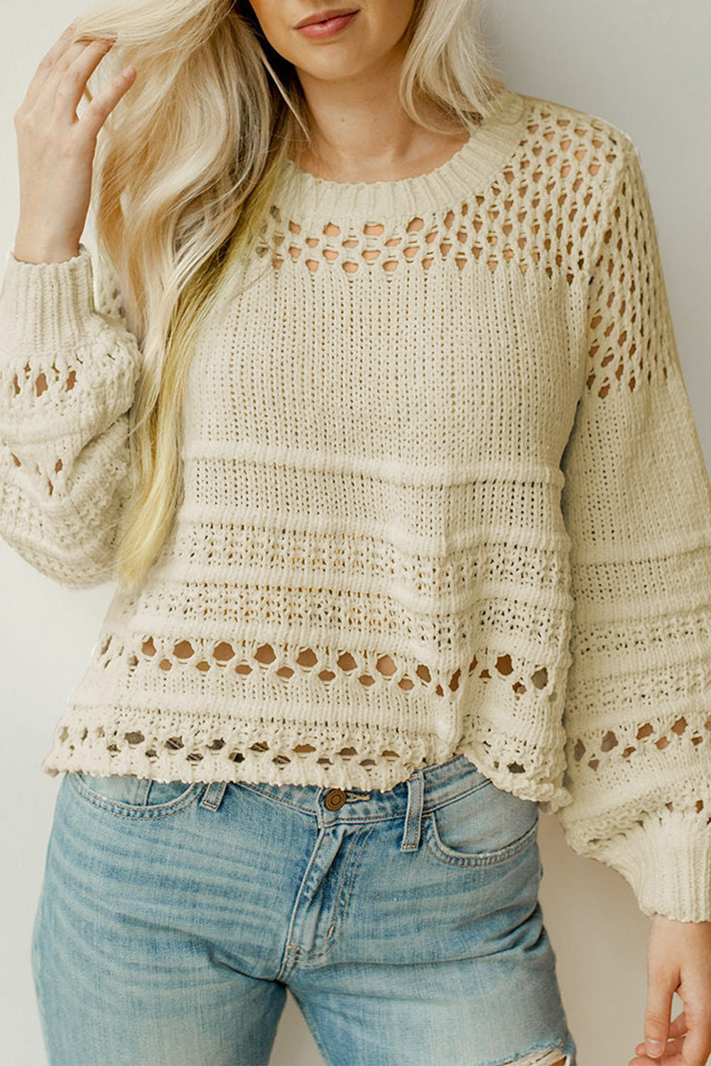 Solid Color Pointelle Knit Puff Sleeve Sweater