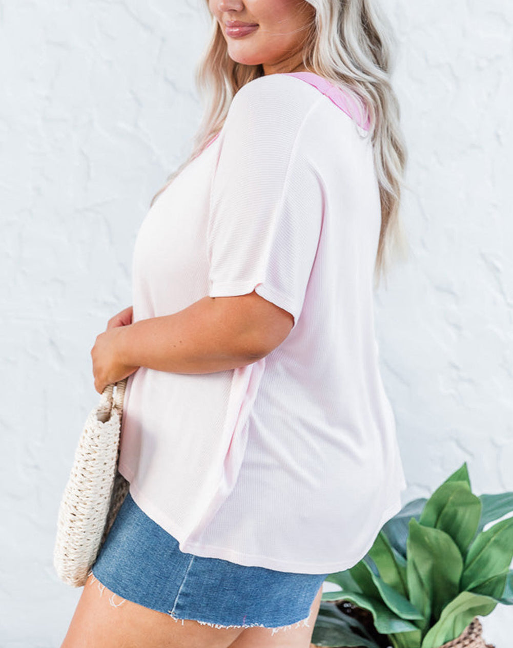 Color Block Ribbed Knit V Neck Plus Size T Shirt
