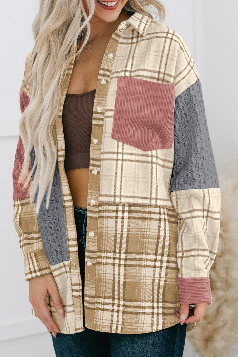 Plaid Color Block Patchwork Shirt Jacket with Pocket