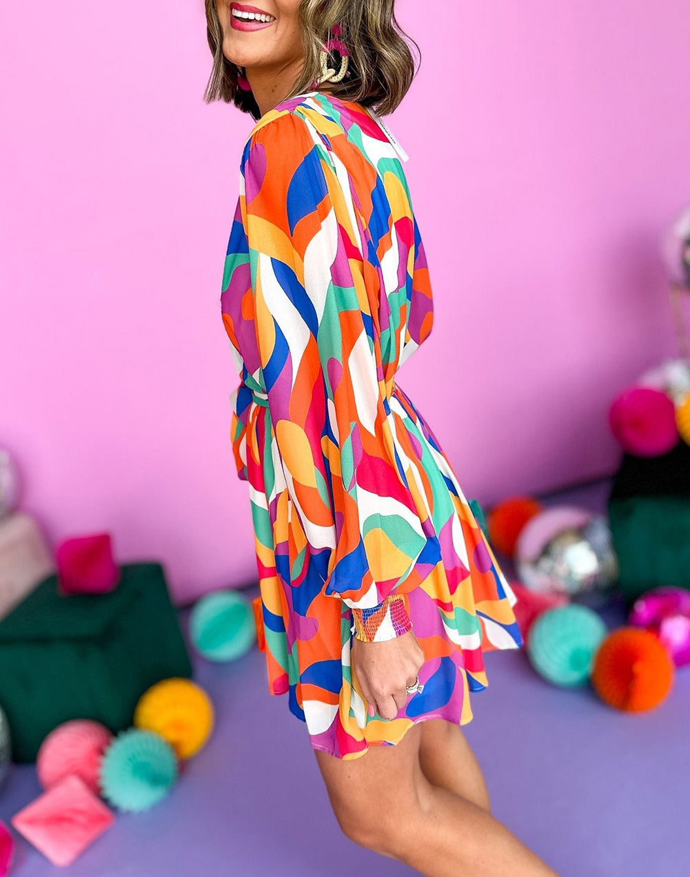 Abstract Printed Belted Puff Sleeve Mini Dress