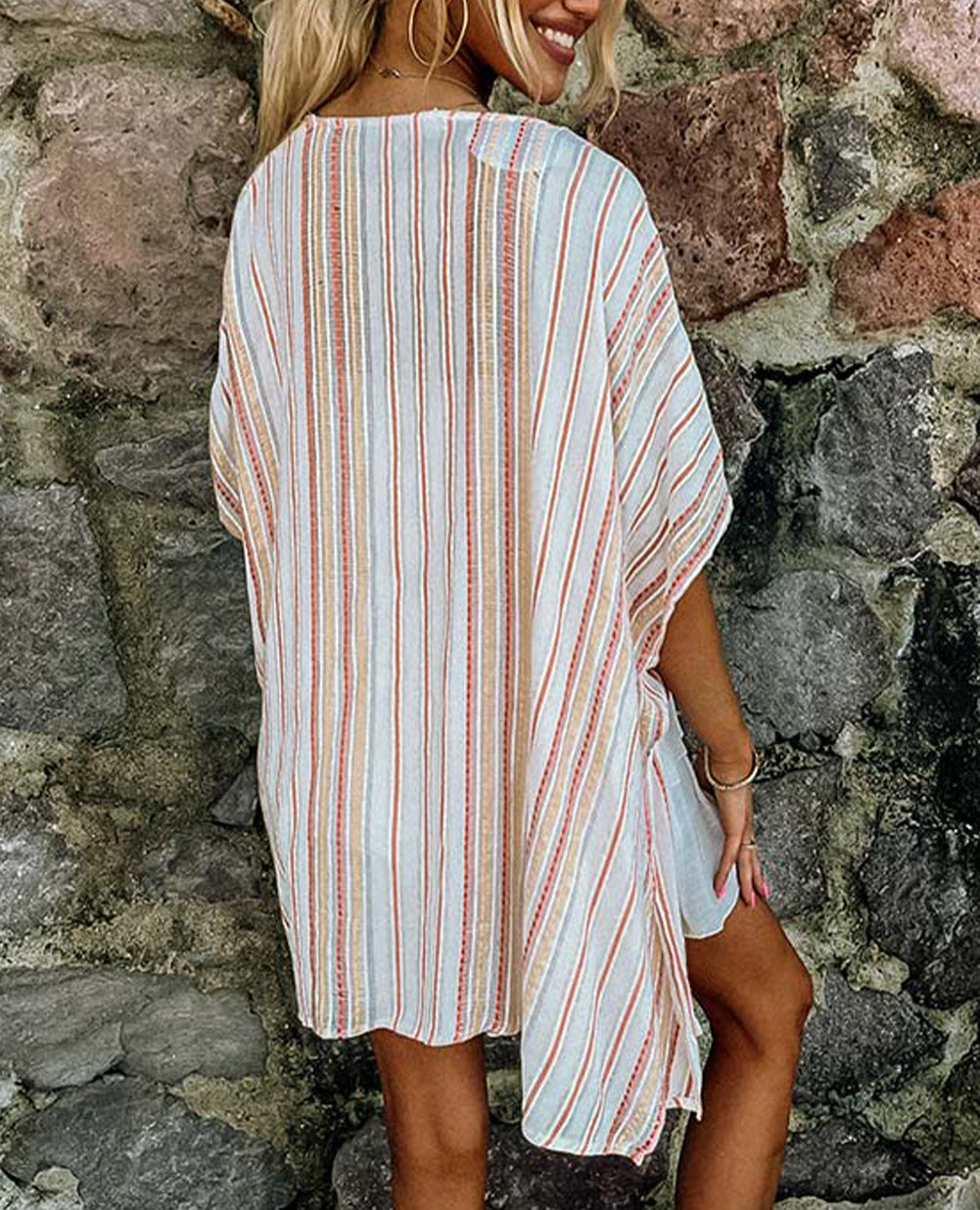 Stripe Printed Tasseled Lace up Boho Kimono