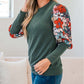 Contrast Floral Sleeve Striped Crew Neck Top