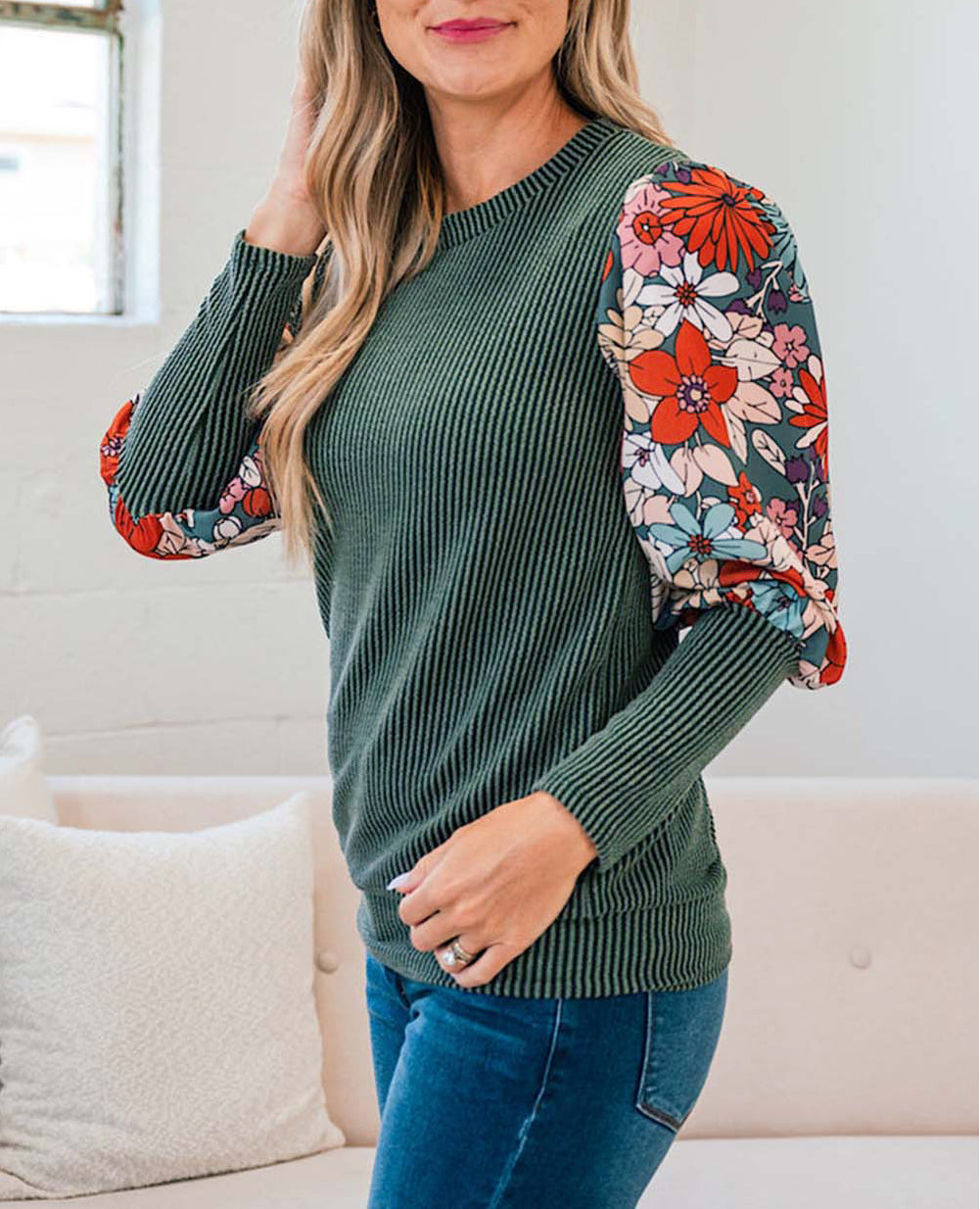 Contrast Floral Sleeve Striped Crew Neck Top