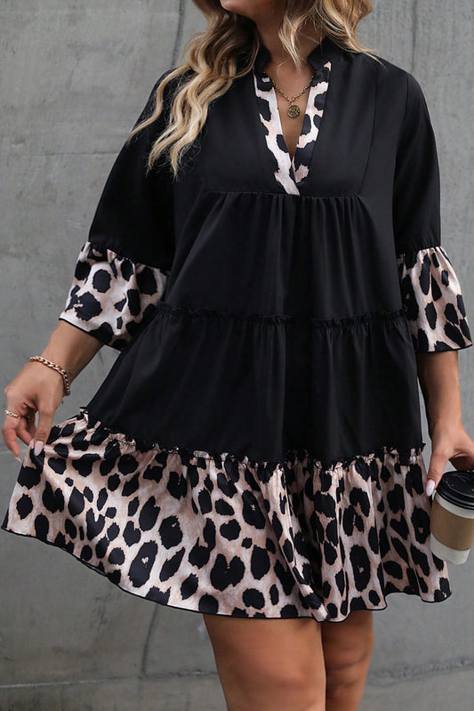 Leopard Patchwork Split Neck Ruffle Curvy Dress