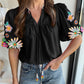 Floral Embroidered Puff Sleeve Split Neck Blouse