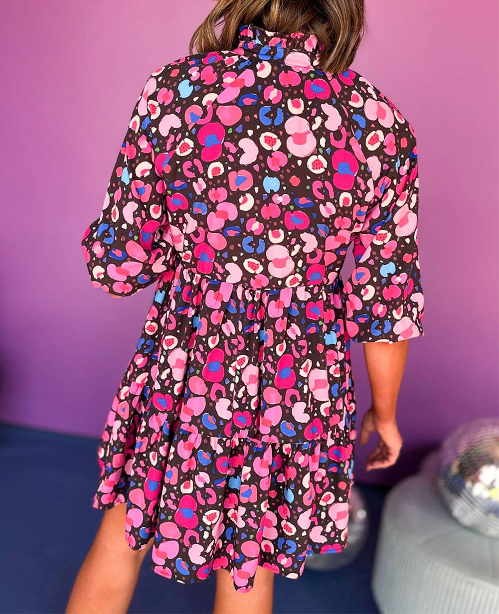 Abstract Print V Neck Collared Half Sleeve Short Dress