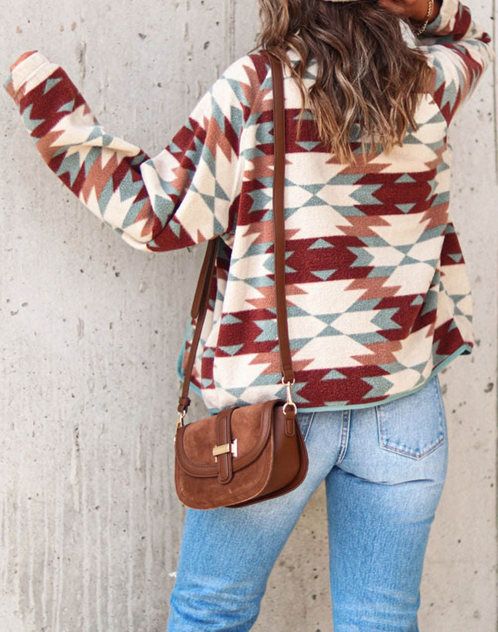 Western Aztec Buttoned Zipper Pockets Fleece Jacket