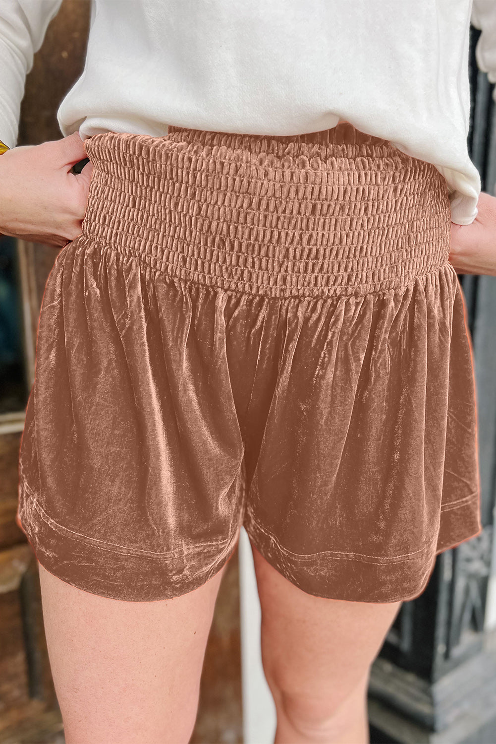 Smocked High Waist Velvet Shorts