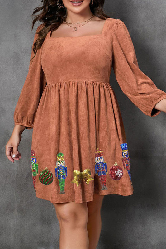 Plus Size Suede Square Neck Christmas Pattern Dress