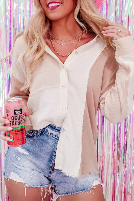 Color Block Buttoned Raw Hem Textured Shirt